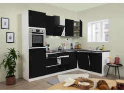 Respekta Premium Winkelküche Grifflos 280 cm Schwarz Hochglanz-Weiß