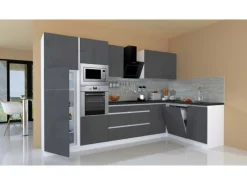 Respekta Premium Winkelküche Grifflos 345 cm Grau Hochglanz-Weiß