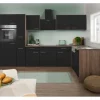 Respekta Winkelküche 310 cm Schwarz Seidenglanz-Eiche York Nachbildung