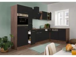 Respekta Winkelküche 310 cm Schwarz Seidenglanz-Eiche York Nachbildung