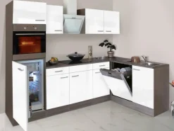 Respekta Winkelküche 280 cm Weiß Seidenglanz-Eiche York Nachbildung