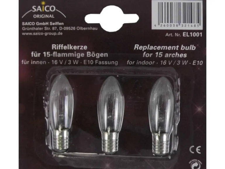 Saico Ersatzglühlampe/ Riffelkerze 3er-Pack E10-Fassung, 16V, 3W Warmweiß