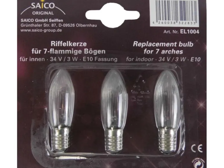 Saico Ersatzglühlampe/ Riffelkerze 3er-Pack E10-Fassung 34V, 3W Warmweiß