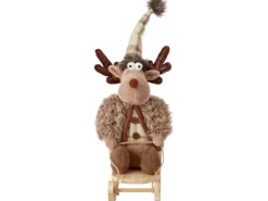 Stoff-Rentier Sitzend Schlitten Braun-Beige 19 cm x 14 cm x 34 cm