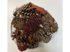 Tannenzapfen und Deko im Netz Rot