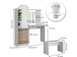 Vicco Frisierkommode  Jasmin Weiß 123 cm mit LED-Beleuchtung und Bank