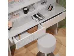 Vicco Schminktisch Azur Weiß/Weiß Hochglanz 120 cm mit Spiegelregal Hocker & LED-Beleuchtung