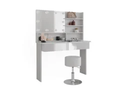 Vicco Schminktisch Azur Weiß/Weiß Hochglanz 120 cm mit Spiegelregal Hocker & LED-Beleuchtung