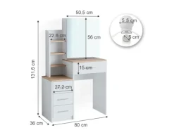 Vicco Schminktisch Conrada Weiß/Sonoma/Sonoma 36 cm mit LED Beleuchtung