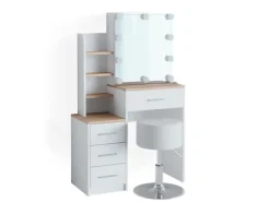 Vicco Schminktisch Conrada Weiß/Sonoma/Sonoma 36 cm mit LED Beleuchtung und Hocker