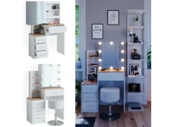 Vicco Schminktisch Conrada Weiß/Sonoma/Sonoma 36 cm mit LED Beleuchtung und Hocker