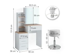 Vicco Schminktisch Conrada Weiß/Sonoma/Sonoma 36 cm mit LED Beleuchtung und Hocker