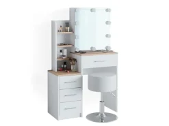 Vicco Schminktisch Conrada Weiß/Sonoma/Sonoma 36 cm mit LED Beleuchtung und Hocker