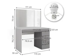 Vicco Schminktisch Elise Weiß/Grau/Grau/Grau 115 cm mit LED Beleuchtung