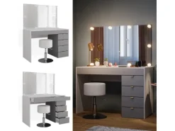 Vicco Schminktisch Elise Weiß/Grau/Grau/Grau 115 cm mit LED Beleuchtung und Hocker