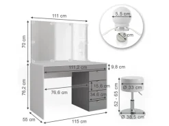 Vicco Schminktisch Elise Weiß/Grau/Grau/Grau 115 cm mit LED Beleuchtung und Hocker