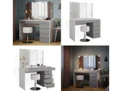 Vicco Schminktisch Elise Weiß/Grau/Grau/Grau 115 cm mit LED Beleuchtung und Hocker