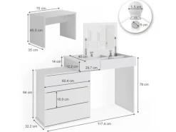 Vicco Schminktisch Lotos Weiß 117.4 cm mit LED Beleuchtung und Bank