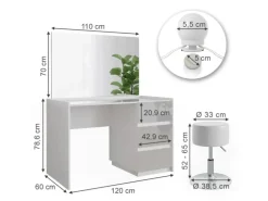 Vicco Schminktisch Marla Weiß Hochglanz 120 cm mit Spiegel Hocker LED-Lichterkette