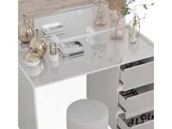 Vicco Schminktisch Marla Weiß Hochglanz 120 cm mit Spiegel Hocker LED-Lichterkette