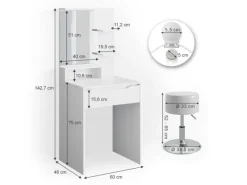 Vicco Schminktisch Ruben Weiß 60 cm mit LED Beleuchtung und Hocker