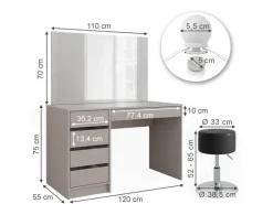 Vicco Schminktisch Sherry Cashmere 120 cm mit Spiegel Hocker & LED-Beleuchtung