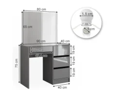 Vicco Schminktisch Sherry Grau/Grau Hochglanz 90 cm mit LED Beleuchtung und Hocker