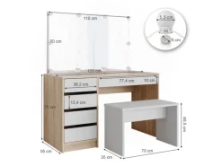 Vicco Schminktisch Sherry Weiß/Sonoma/Sonoma 55 cm mit LED Beleuchtung und Bank