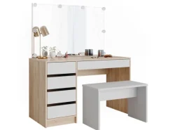 Vicco Schminktisch Sherry Weiß/Sonoma/Sonoma 55 cm mit LED Beleuchtung und Bank