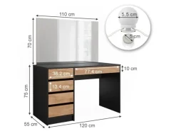 Vicco Schminktisch Sherry Anthrazit/Goldkraft Eiche 120 x 75 cm mit Spiegel & LED-Beleuchtung