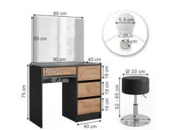 Vicco Schminktisch Sherry Anthrazit/Goldkraft Eiche 90 x 75 cm mit Spiegel LED-Beleuchtung & Hocker