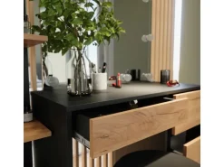 Vicco Schminktisch Sherry Anthrazit/Goldkraft Eiche 90 x 75 cm mit Spiegel LED-Beleuchtung & Hocker