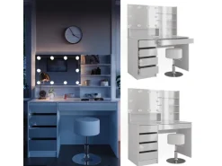 Vicco Schminktisch Sherry Weiß 55 cm mit LED Beleuchtung Hocker und Spiegelregal