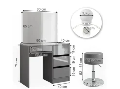 Vicco Schminktisch Sherry Grau/Grau Hochglanz 90 cm mit LED Beleuchtung und Hocker Opt 2