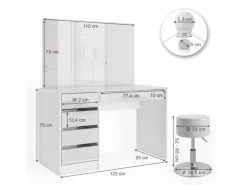 Vicco Schminktisch Sherry Weiß 55 cm mit LED Beleuchtung und Hocker