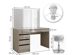 Vicco Schminktisch Sherry Greige 120 cm mit LED Beleuchtung und Hocker