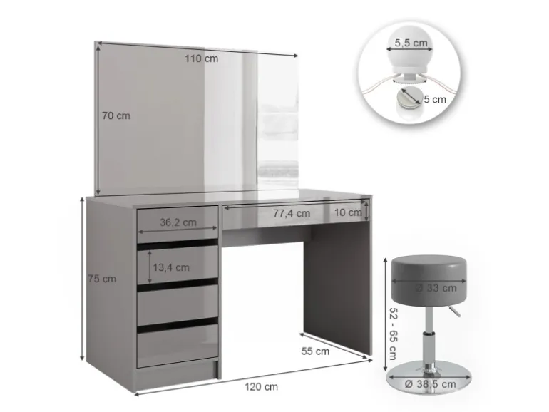 Vicco Schminktisch Sherry Grau 120 cm mit LED Beleuchtung und Hocker