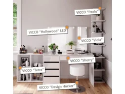 Vicco Schminktisch Sherry Weiß 120 cm 4 Teile mit Standregal Spiegel Hocker LED