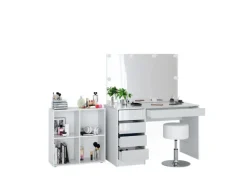 Vicco Schminktisch Sherry Weiß 120 cm 4 Teile mit Standregal Spiegel Hocker LED