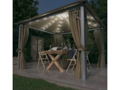 vidaXL Pavillon mit Vorhängen & LED-Lichterkette 300x300 cm Taupe Alu