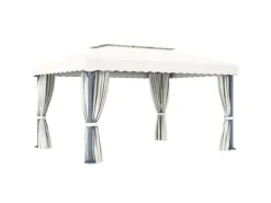 vidaXL Pavillon mit Vorhängen & LED-Lichterketten 4x3 m CremeWeiß