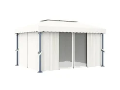 vidaXL Pavillon mit Vorhängen & LED-Lichterketten 4x3 m CremeWeiß
