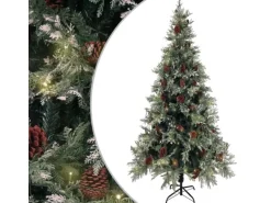 vidaXL Weihnachtsbaum mit LEDs Kiefernzapfen Grün Weiß 225 cm PVC   PE