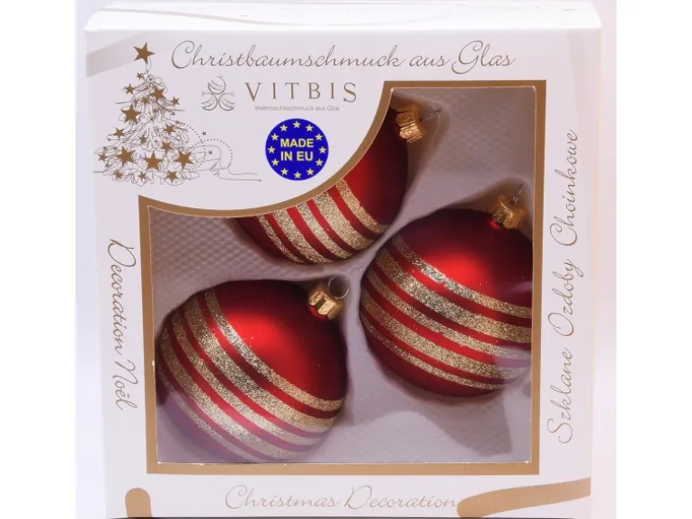 Vitbis Glas-Weihnachtskugeln 3-teilig Dekor Rot-Matt Ø 8 cm