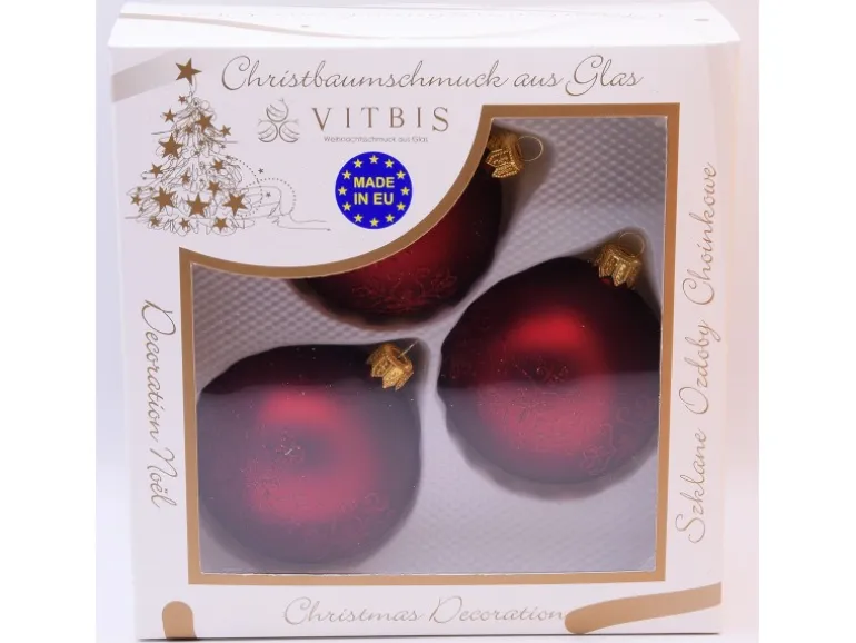 Vitbis Glas-Weihnachtskugeln 3-teilig Dekor Bordeaux-Matt Ø 8 cm