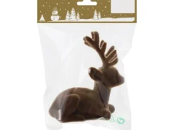 Weihnachtliche Hirschfigur liegend aus Kunststoff beflockt im Beutel Braun 10 cm