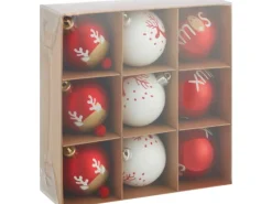 Weihnachtsbaumkugeln Ø 6 cm Kunststoff Rot Weiß Rentier 9-teilig