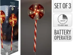 Weihnachts-Deko Bodenlampen-Set Lollipops Rot-Weiß 3-teilig