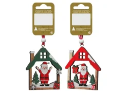 Weihnachts-Deko Haus mit Niko zum Hängen aus Holz 7 cm Rot-Grün 2-fach Sortiert