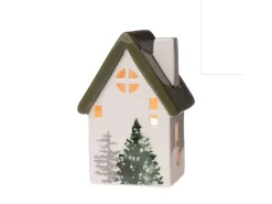 Weihnachts-Deko Windlicht Haus 13 cm Weiß-Grün
